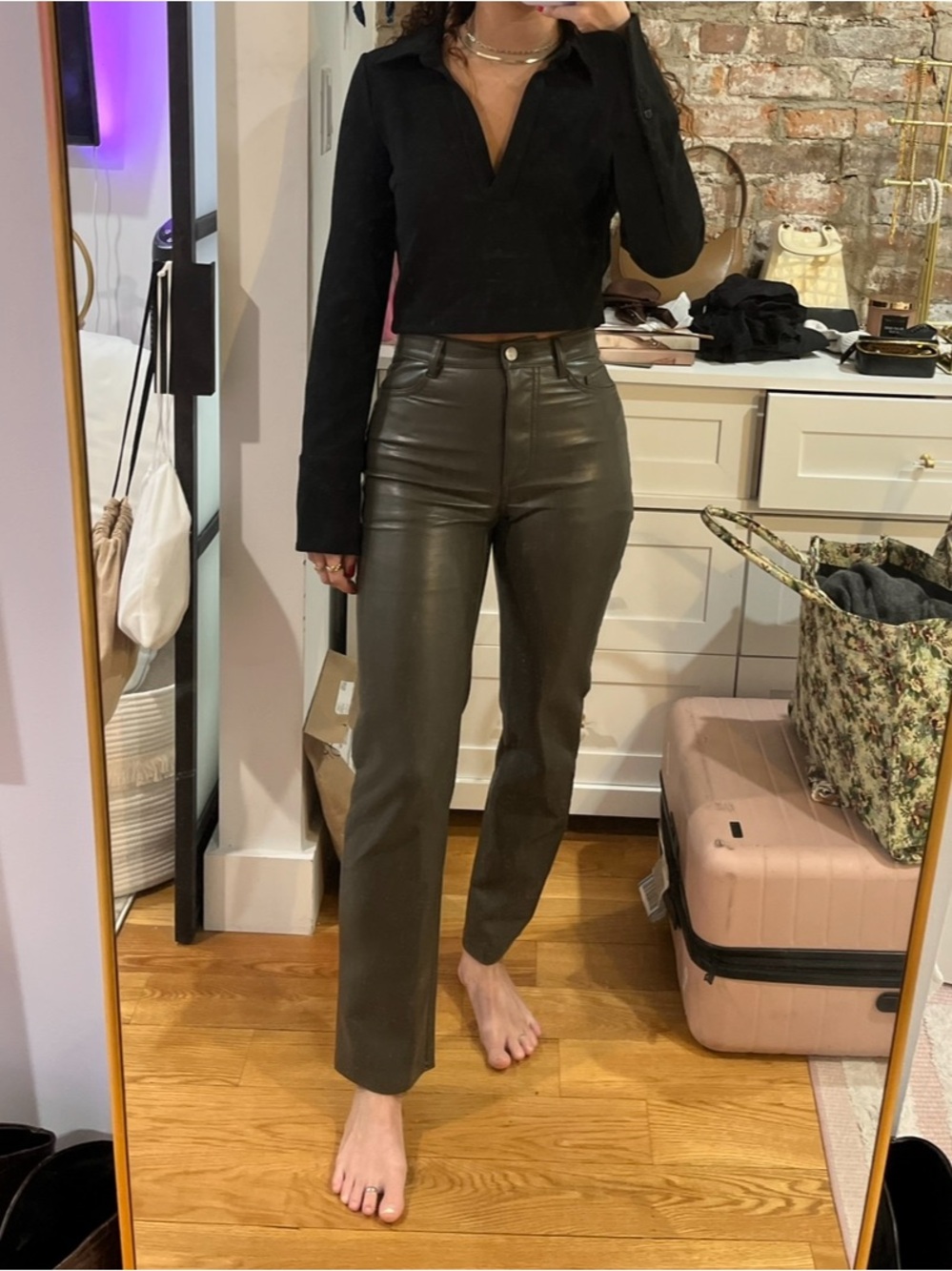 Aritzia Wilfred High-Rise Dark Olive Green Vegan Leather Jeans